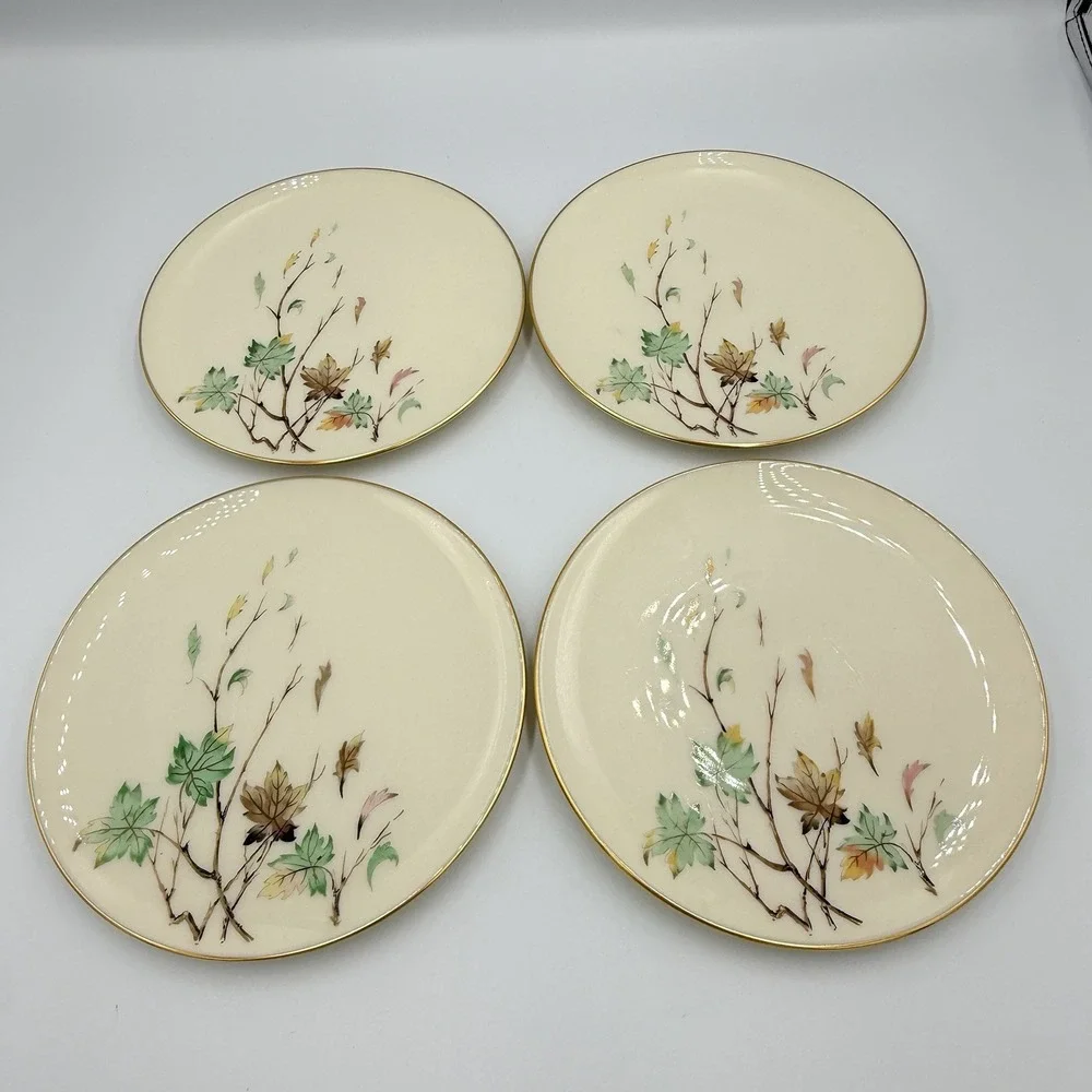 VTG Lenox Westwind X-407 Bread Butter Plates Set 4 Gold Trim Autumn Leaves 6.25